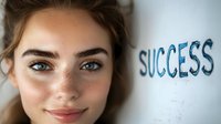 Young Caucasian businesswoman with freckles smiling confidently near success text on wall. Professional female entrepreneur portrait for motivation concepts.