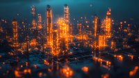 Glowing orange city skyline at night with illuminated skyscrapers and reflections creating futuristic urban landscape against dark blue background. For technology and business concepts.