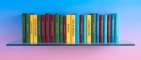 Colorful books arranged on shelf against gradient background for education, library, reading and learning concepts in modern style.