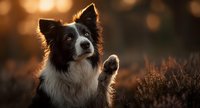Border collie dog sitting in golden sunset light with warm bokeh background creating peaceful outdoor portrait for pet photography and animal lovers.