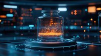 Glowing orange energy sparks contained in glass jar against dark futuristic background with bokeh lights, science fiction concept on circular platform.