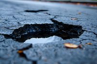 Deep pothole with water reflection on damaged asphalt road surface showing infrastructure decay and maintenance needs, close up view with shallow depth of field.