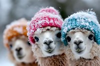 Adorable alpacas wearing colorful knit winter hats covered in snow, close-up portrait showing three fluffy faces with expressive eyes and gentle smiles in cold weather.