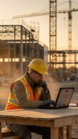 Construction worker using laptop computer at building site during golden hour sunset with safety vest and hard hat for project management.