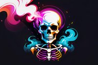 Colorful skull with neon smoke effect on black background featuring vibrant pink, blue and purple vapor trails around skeletal ribcage design, artistic gothic illustration.