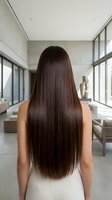 Woman with long straight brown hair in modern minimalist interior space with concrete walls and large windows for beauty and lifestyle concepts.