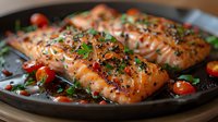 Grilled salmon fillets seasoned with black pepper and herbs, garnished with fresh chives and cherry tomatoes on dark plate, close up view of juicy fish dinner.