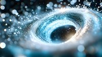 Luminous spiral galaxy with glowing blue energy vortex against dark cosmic background, featuring dynamic swirling motion and scattered light particles in space.