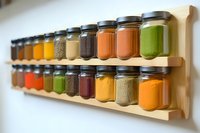 Colorful array of spices and seasonings in glass jars displayed on wooden wall-mounted shelves, showcasing variety of ground herbs, powders and cooking ingredients.