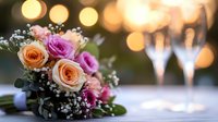 Fresh wedding bouquet with peach and pink roses, baby's breath on blurred background with champagne glasses and romantic bokeh lights creating elegant atmosphere.