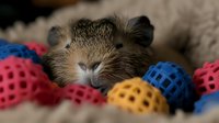 Sleeping guinea pig surrounded by colorful plastic toy balls, close up portrait showing furry nose and whiskers against soft bedding background.