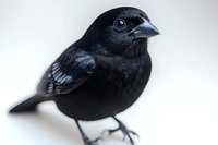 Black finch bird with dark glossy feathers and distinctive beak against white background, close-up portrait showing detailed texture and natural avian features.