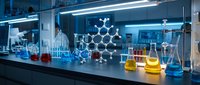 Modern chemistry laboratory with molecular model, colorful chemical solutions in glassware, and scientific equipment for research and education.