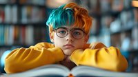 Young person with vibrant blue and orange hair wearing glasses and yellow sweater resting chin on hands over open book in library setting for education concepts.