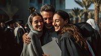 Middle Eastern father embracing two daughters in graduation gowns at university ceremony, celebrating academic achievement with pride and joy.
