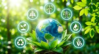 Earth globe in green hands surrounded by renewable energy icons on natural background representing environmental protection and sustainable development.