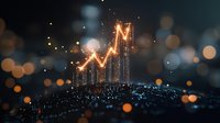 Glowing chart line rises above futuristic city skyline with bokeh lights, representing financial growth and market success in urban business district.