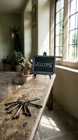 Rustic entryway with vintage keys on a wooden bench and a chalkboard welcome sign, evoking warmth and charm in a cozy countryside home.