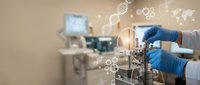 Scientist in blue gloves handling laboratory equipment with digital health icons and DNA strands floating in modern research facility environment for medical innovation.