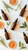 Natural skincare essential oil bottles with dried citrus slices and fresh herbs on white background for aromatherapy and wellness products.