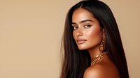 Young Hispanic woman with long dark hair, glowing bronzed makeup, and gold statement jewelry poses confidently against neutral beige background for beauty and fashion content.