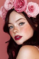 Young woman with freckles wearing pink rose crown against coral background, featuring burgundy lipstick and winged eyeliner for beauty and fashion advertising.
