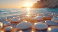 Smooth white pebbles on beach at golden sunset with sun reflection on turquoise water, rocky cliff silhouette and bokeh light effects creating peaceful scene.