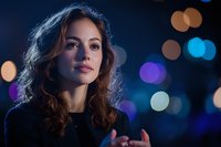 Young Hispanic woman with curly hair against blurred city lights at night, dramatic portrait with bokeh effect and moody blue lighting creates atmospheric ambiance.