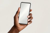 African American hand holding modern smartphone with blank white screen mockup for app presentation and mobile interface design.