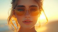 Young woman with round sunglasses enjoying golden hour sunset light on beach. Warm summer vibes with soft natural lighting for lifestyle and travel content.