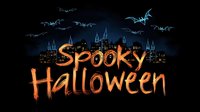 Spooky Halloween text with glowing orange letters against dark city skyline silhouette and flying bats for seasonal holiday designs and decorations.