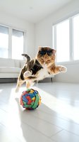Tabby and white cat jumping toward colorful toy ball in bright modern living room with white furniture and large windows, playful pet in motion.