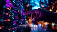 Finger pointing at digital data visualization with neon blue and purple lights, glowing numbers and bokeh effects creating futuristic cybersecurity atmosphere.