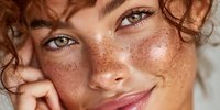 Close-up portrait of young woman with freckles, curly red hair, and blue eyes smiling gently with hand near face against neutral background.