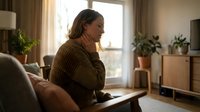Young woman in cozy sweater reading book by window in modern living room with plants. Relaxing at home lifestyle concept for wellness and leisure activities.