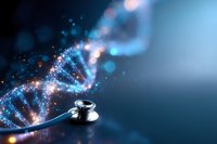 Medical stethoscope next to glowing DNA helix structure with sparkling particles on dark blue background, representing genetic healthcare research.