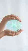 Protective hands cupping glowing green sound wave hologram representing audio technology, voice recognition, music production and digital communication concepts.