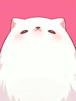 Cute white fluffy cat face close-up with pink cheeks and tiny nose on pink background, cartoon style illustration for children's designs and kawaii projects.