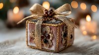 Elegant brown gift box with golden ribbon and floral decorations on rustic fabric surface with warm bokeh lights creating festive holiday atmosphere.
