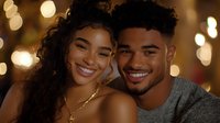 Young African American couple sharing intimate moment with warm bokeh lights background, expressing genuine joy and affection in casual evening setting.