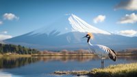 Elegant red-crowned crane standing by tranquil lake with majestic Mount Fuji in background, showcasing serene Japanese landscape.