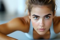 Close up portrait of young woman with intense blue eyes and defined eyebrows looking directly at camera with confident expression against blurred background.