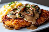 Pan-seared chicken breast topped with creamy mushroom sauce and fresh herbs, served alongside golden mashed potatoes on white plate, close-up culinary shot.