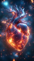 Glowing human heart with energy particles and light effects on dark blue background for medical and science concepts.