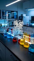 Modern laboratory with colorful chemical solutions in glassware and molecular model on black bench for scientific research and education.