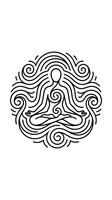 Meditation figure in lotus pose surrounded by flowing spiral patterns on white background for wellness and spiritual design projects.