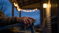 Senior man's weathered hands gripping wooden railing on outdoor deck with warm string lights creating cozy evening atmosphere for relaxation and contemplation.