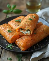 Fresh salmon rolls filled with cream cheese and herbs, garnished with basil leaves on dark plate. Appetizing seafood starter served with olive oil.