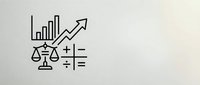 Business analytics and legal compliance concept with growth chart, balance scales and calculator symbols on neutral background for corporate presentations.