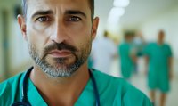 Middle-aged medical professional with salt and pepper beard wearing green scrubs and stethoscope in hospital corridor, healthcare workers visible in background.